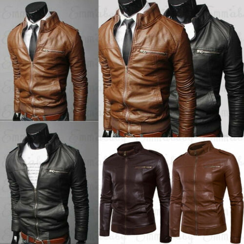 Men's Faux Leather Jacket Motorcycle Outdoor Stand collar Leisure Retro style L